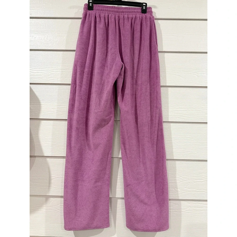 B- 036- 3 Piece Terry Cloth Lounge Set Orchid Pink Crop Top Bralette Wide Leg